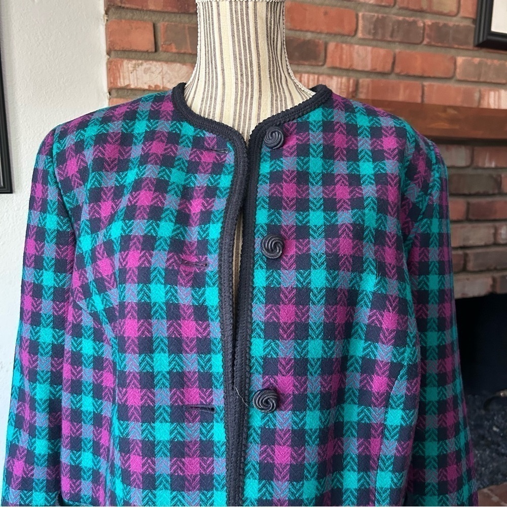VTG Pendleton 100% Wool Plaid Skirt & Jacket Set Purple & Turquoise Sz 14W/16 - Picture 3 of 13